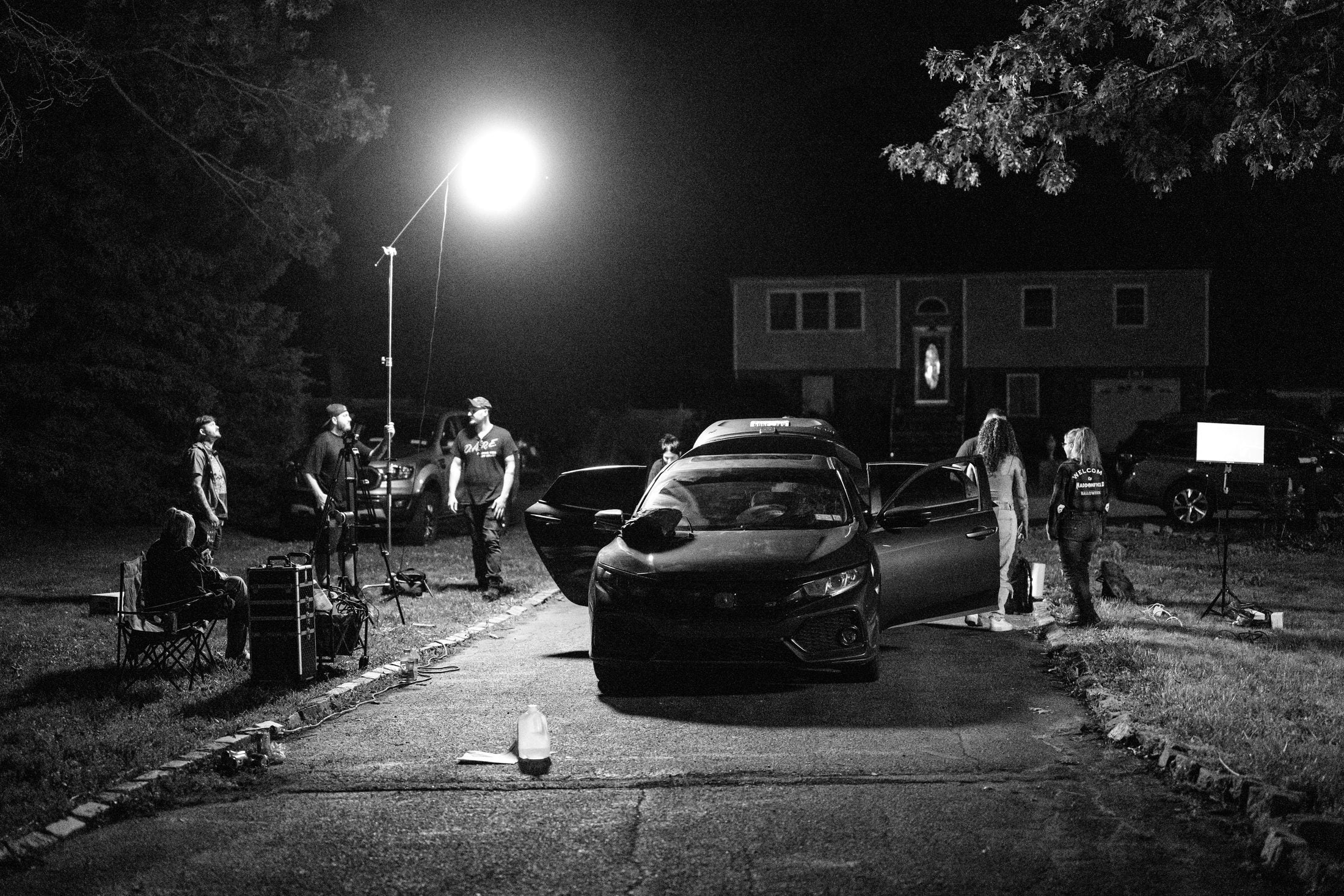 Wide view of the residential street where Disunion was filmed at night