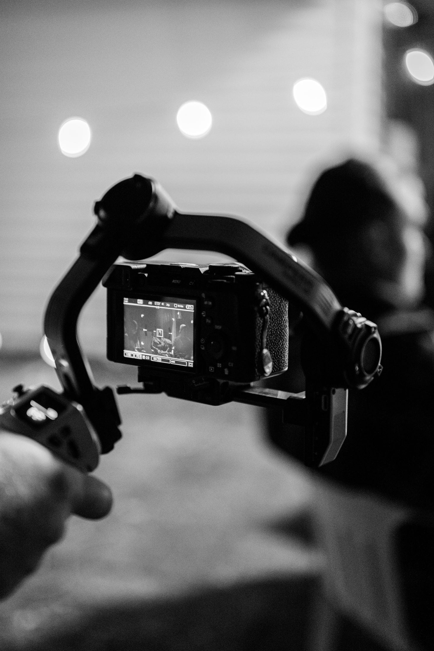 The camera rig in silhouette under string lights