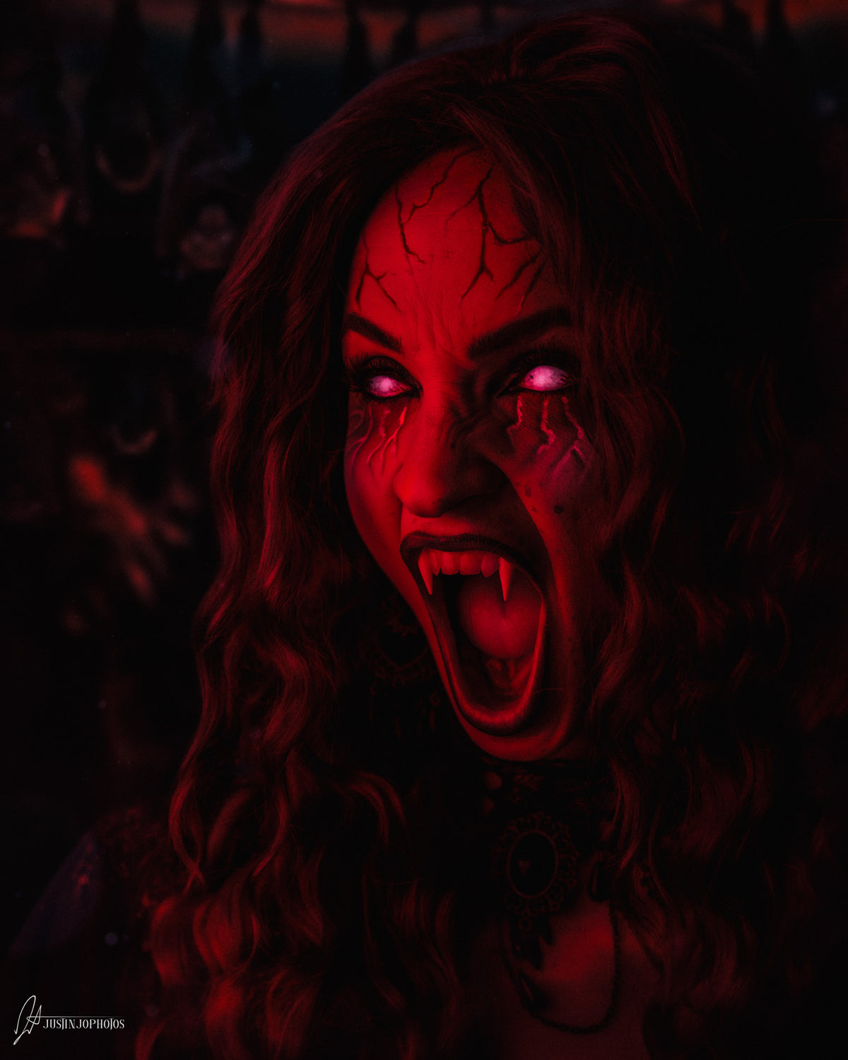 Screaming woman lit entirely in red