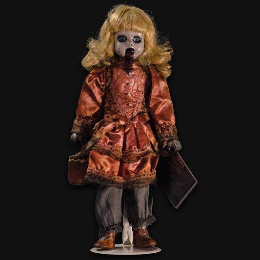 Alice, a hand painted possessed porcelain doll, full front view