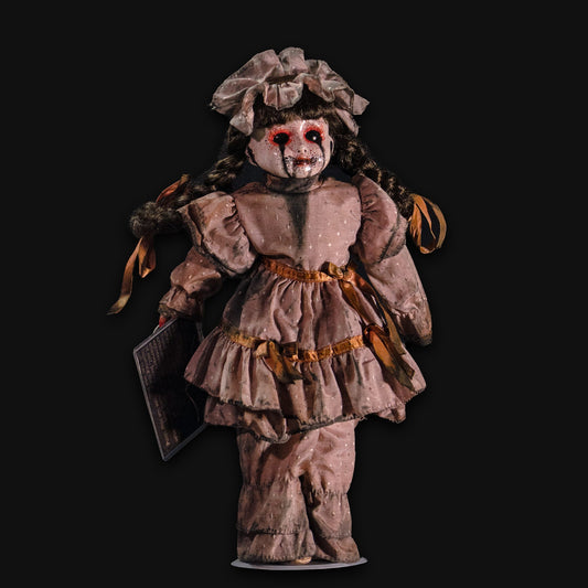 Dolly, a hand painted possessed porcelain doll, full front view